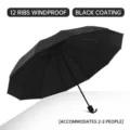 Grote winddichte paraplu met 12 ribben en zwarte UV-beschermende coating voor 2-3 personen - 12 Baleinen Handmatig Zwarte Lijm Groot Zonbescherming / Zwart
