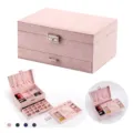 Large capacity 3-layer velvet jewelry box with lock and multiple compartments for storage - Pink