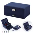 Large capacity three-layer dark blue velvet jewelry box with lock for earrings and watches - Dark Blue