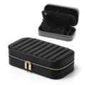 Elegant black striped PU leather jewelry storage box with multi-functional interior compartments - 20.5*11.5*5.8cm / Black