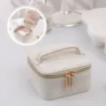 Elegant portable beige velvet jewelry organizer box with dual gold zippers and handle - 12x12x7cm / Beige Velvet