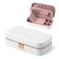 Portable white striped jewelry storage box with mirror and gold metal zipper detail. - 20.5x11x5.8cm / White
