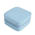 Compact light blue square faux leather jewelry box with zipper for earrings and rings - Blue