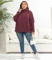 Women solid color turtleneck loose pullover sweater casual knit top for autumn and winter. - Burgundy
