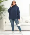 Plus size women's solid navy blue turtleneck knitted sweater, casual long sleeve pullover top. - 1XL / Navy Blue