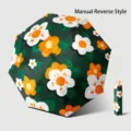 Paraguas invertido manual con protección UV y motivo floral de pintura al óleo - Manual Invertido 3 Pliegues (8 Varillas) - Estampado de Ilustración de Té Verde / Verde Oscuro