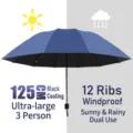 Grote winddichte blauwe opvouwbare paraplu van 125 cm voor drie personen met UV-bescherming - 125cm (12 Baleinen) / Marineblauw