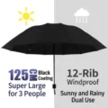 Extra grote 125cm opvouwbare paraplu met 12 baleinen en zwarte uv-werende coating - 125cm (12 Baleinen) / Zwart