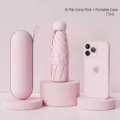 Mini ombrello a capsula rosa corallo portatile con rivestimento nero e custodia protettiva - 8 Stecche con Confezione Regalo / rosa corallo