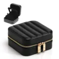 Elegant black PU leather jewelry box with ribbed lid design and gold zipper closure - 10x10x5cm / Black