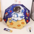 Ombrello automatico per bambini con simpatica stampa di astronauta e tema spaziale - Manuale a 3 pieghe / Cielo Stellato-Blu Scuro
