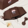 Brown automatic umbrella with pink tulip print and matching bow pouch. - Coffee Tulip (9-Rib Reinforced Style)