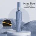 Mist blue 24-rib automatic 3-fold windproof umbrella displayed on a circular platform - Haze Blue