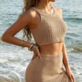 Khaki Knit Two-Piece Set Crop Tank Top And Mini Skirt Beach Cover Up Women Outfit - S / Taupe Top