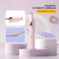 Premium Automatischer rosa UV-Schirm mit blauer UPF50+ Innenbeschichtung für Sonne und Regen - Dreifach faltbarer Regenschirm / Rosa