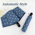 Premium blauer automatischer Taschenschirm mit weißen Punkten für Regen und UV-Schutz - Automatisch / Dunkelblau