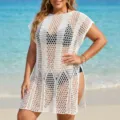 Plus size white crochet beach cover-up dress for women over black bikini - One Size / White