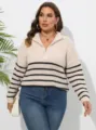 Maglione in maglia a righe da donna plus size con mezza zip, top casual comodo. - 0XL / Albicocca