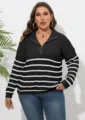 Maglione in maglia a righe bianche e nere da donna taglie forti con mezza zip e maniche lunghe - 0XL / Nero