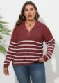 Übergröße Viertelreißverschluss gestreifter Pullover für Damen, bequemes langärmliges Oberteil. - Burgunderrot