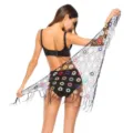 Mujer ganchillo hueco playa cubrimiento negro floral con borlas triángulo chal envoltura - Talla única / Círculo Negro