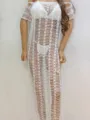 White Crochet Beach Cover-Up Dress Off Shoulder Hollow Knit Bikini Cover Up Z971 Style - One Size / White