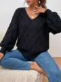 Pull en tricot noir à col en V pour femme, haut à manches longues décontracté détail. - S / Noir