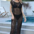 Black hollow-out knitted beach cover-up dress, elegant boat neck swimwear variant. - One Size / Black