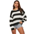 Women casual black and white striped long sleeve knit sweater loose boat neck pullover top - 2XL / Black & White Stripes