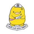 Whimsical yellow nurse duck enamel pin featuring the 'I will cut you open' banner - Yellow Duck with Scalpel (QHXZ6197)