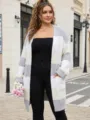 Plus size color block striped knit cardigan for women with pockets daily wear detail view - 0XL / Grey White Apricot