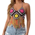 Handmade crochet halter bikini top with colorful floral patchwork and fringe details. - One Size / Black