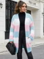 Color block striped cardigan sweater with pink, blue and white tones and dual pockets outfit. - 0XL / Blue White Pink