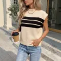 Chic women's striped half-high neck knitted vest in cream and black color block - S / Tops / Apricot