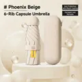 Compact sycamore rice 6-rib capsule umbrella with portable protective storage case - 6 Ribs With Capsule Box / Beige