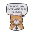 Humorous orange cat enamel pin with 'I'm not late' speech bubble and necktie detail - Orange Cat Tie Style (QHXZ6559)