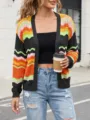 Women Multicolor Striped Knit Cardigan Open Front Casual Long Sleeve Sweater Outerwear - S / Black