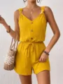 Women solid color textured knot strap button romper summer casual resort wear short jumpsuit - XS / Yellow