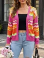 Colorful striped knit cardigan for women, V-neck long sleeve casual outerwear piece. - S / Rose Red