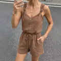 Summer casual textured knot strap romper for women, solid color button front jumpsuit shorts. - XS / Brown
