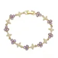 Detail of gold-plated bracelet with purple heart clovers and sparkling CZ butterflies - Gold Purple Zirconia