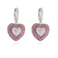Elegant silver-toned double heart dangle earrings encrusted with pink and white cubic zirconia - Rose Red Zirconia Heart Earrings / 1 Pair Pack / White Gold