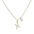 Detailed view of a gold-plated Pisces zodiac necklace with a single white pearl charm - Pisces / Gold