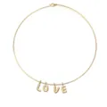 Macro view of minimalist gold-plated collar necklace with 3D bubble LOVE charms - LOVE Neck Ring / Gold