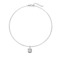 Close-up of a silver-tone stainless steel choker featuring a rectangular zircon pendant - Silver Square (White Zirconia)