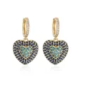Detail view of heart hoop earrings with blue and turquoise pavé-set stones. - Blue Zirconia Heart Earrings / 1 Pair Pack / Gold