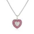 Detailed view of a silver double-layered heart necklace with pink and clear crystals. - Rose Red Zirconia Heart Necklace / 1 Piece / White Gold