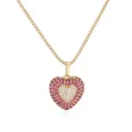 Close-up detail of a double heart pendant necklace with red and white sparkling crystals - Rose Red Zirconia Heart Necklace / 1 Piece / Gold