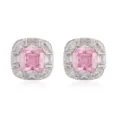 Close-up of square stud earrings with pink cushion-cut center stone and crystal halo - Pink Zirconia / White Gold