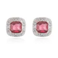 Detailed view of elegant square stud earrings with pink gemstone and clear crystals. - Rose Red Zirconia / White Gold
